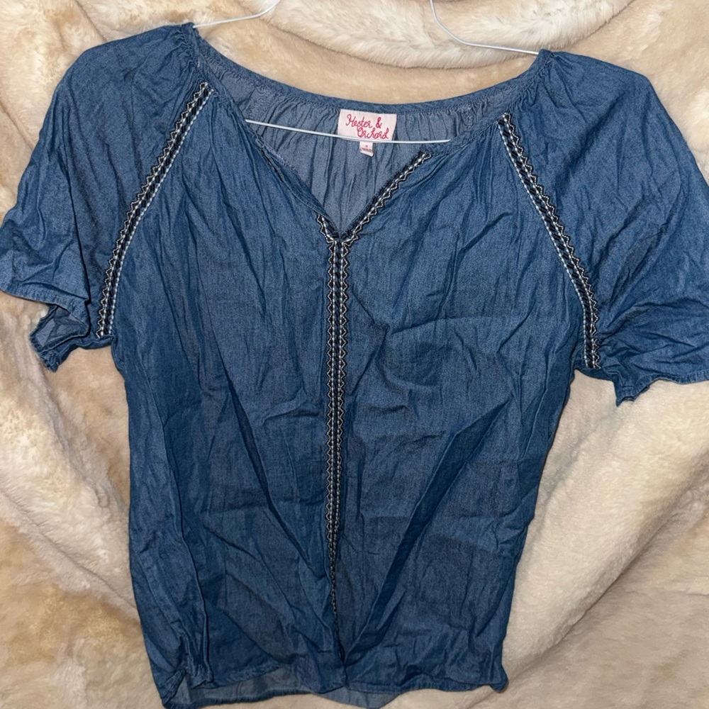 Denim Blue Women’s Blouse with Chain Detail